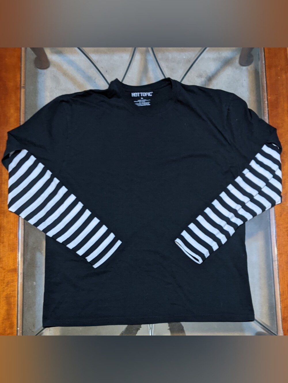 Hot Topic Black T-Shirt With Attached Black and White Stripped Long Sleeves XL